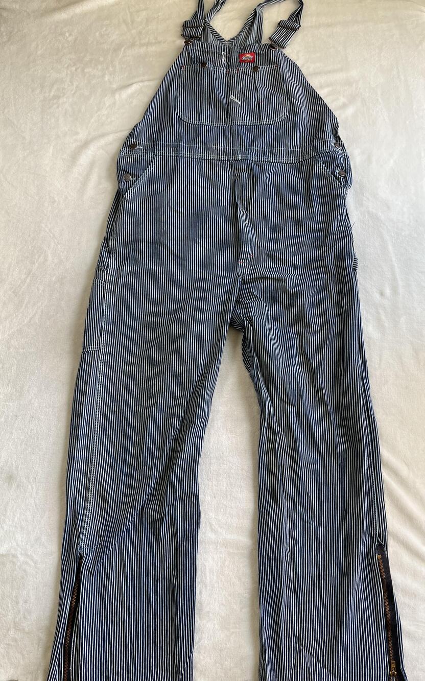 Vintage Dickies Bib Overalls Mens 36x34 Blue Stripe Hickory Zip Leg Utility Work